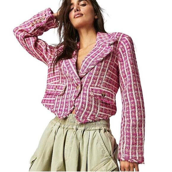 Free People Cassius Cropped Blazer Pink Tweed Raw Hems Oversized Relaxed Size S - Picture 1 of 10